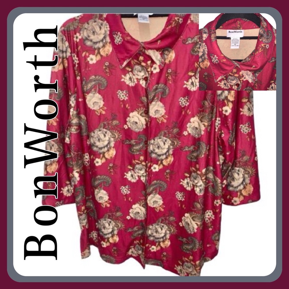 Bonworth Wine Gray Rose Print Tailored Button 3/4 split  Sleeve Blouse